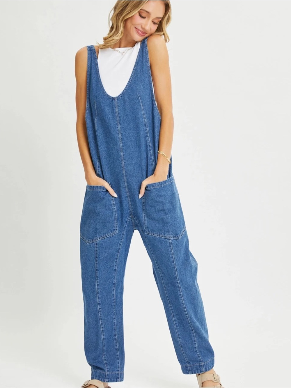 Free People Blue Denim Scoop-Neck Pocket Overalls